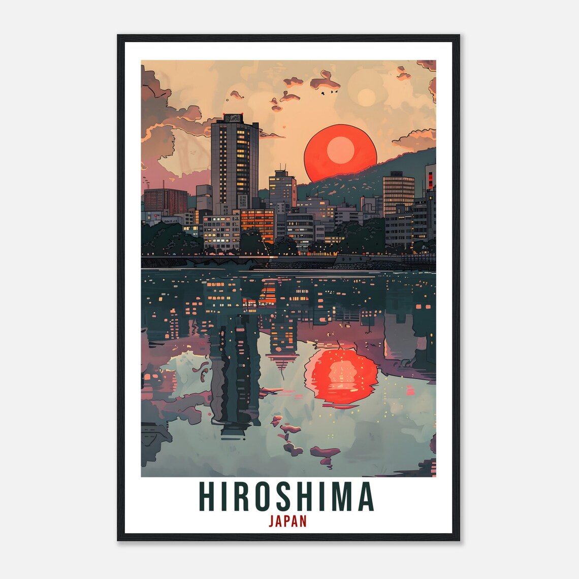 Hiroshima Japan City Skyline Red Sun Water Reflection Travel Poster - Image 4