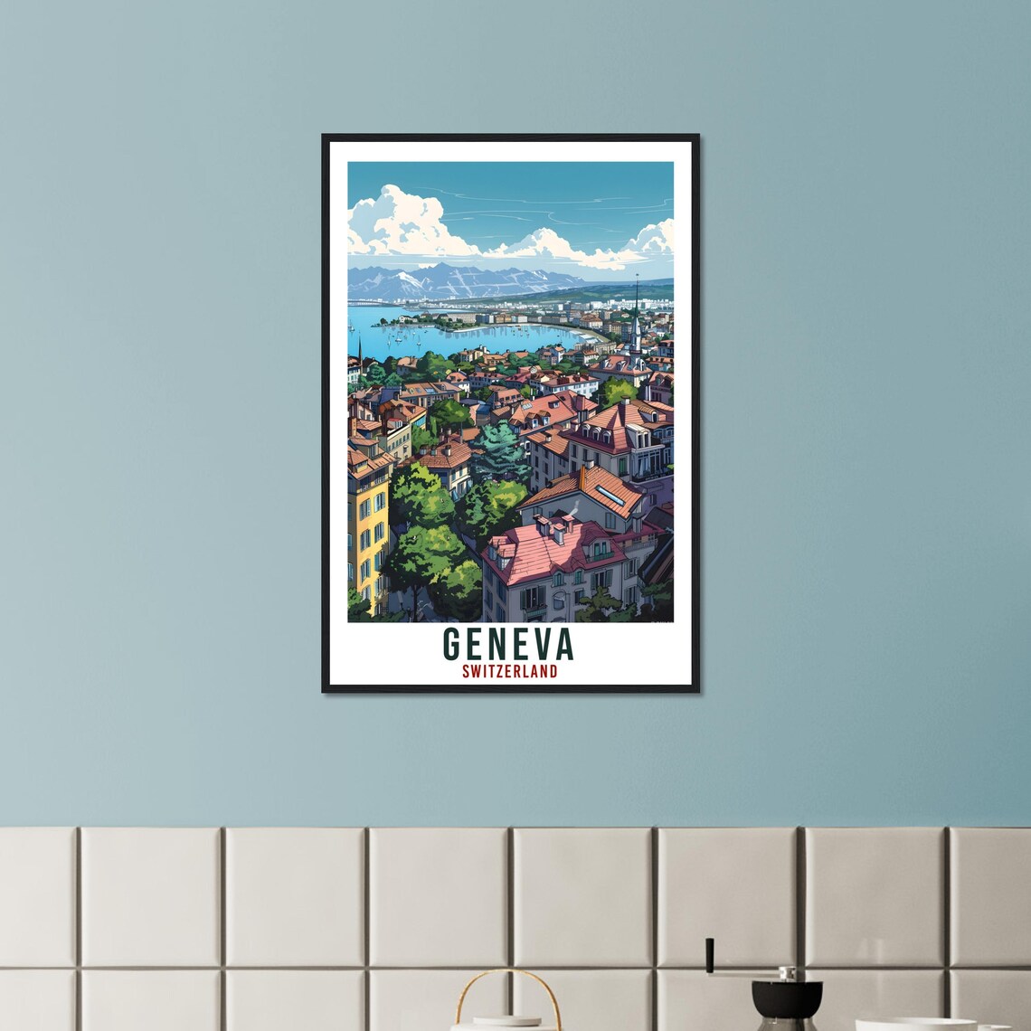 Geneva Switzerland Lakeside Rooftops Lake Panorama Travel Poster - Image 3