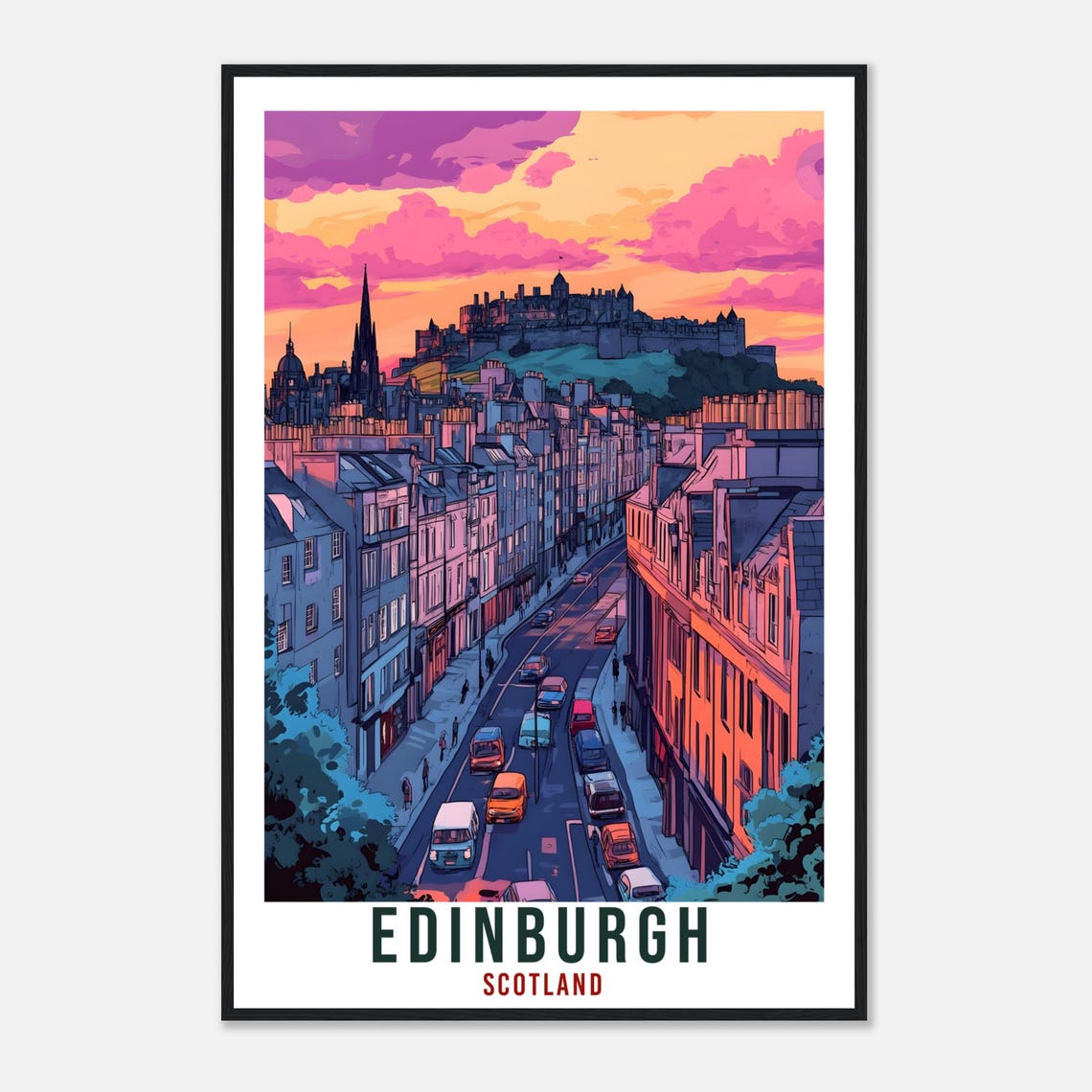 Edinburgh Scotland Vintage Castle Pink Sunset Travel Sunny Poster - Image 4