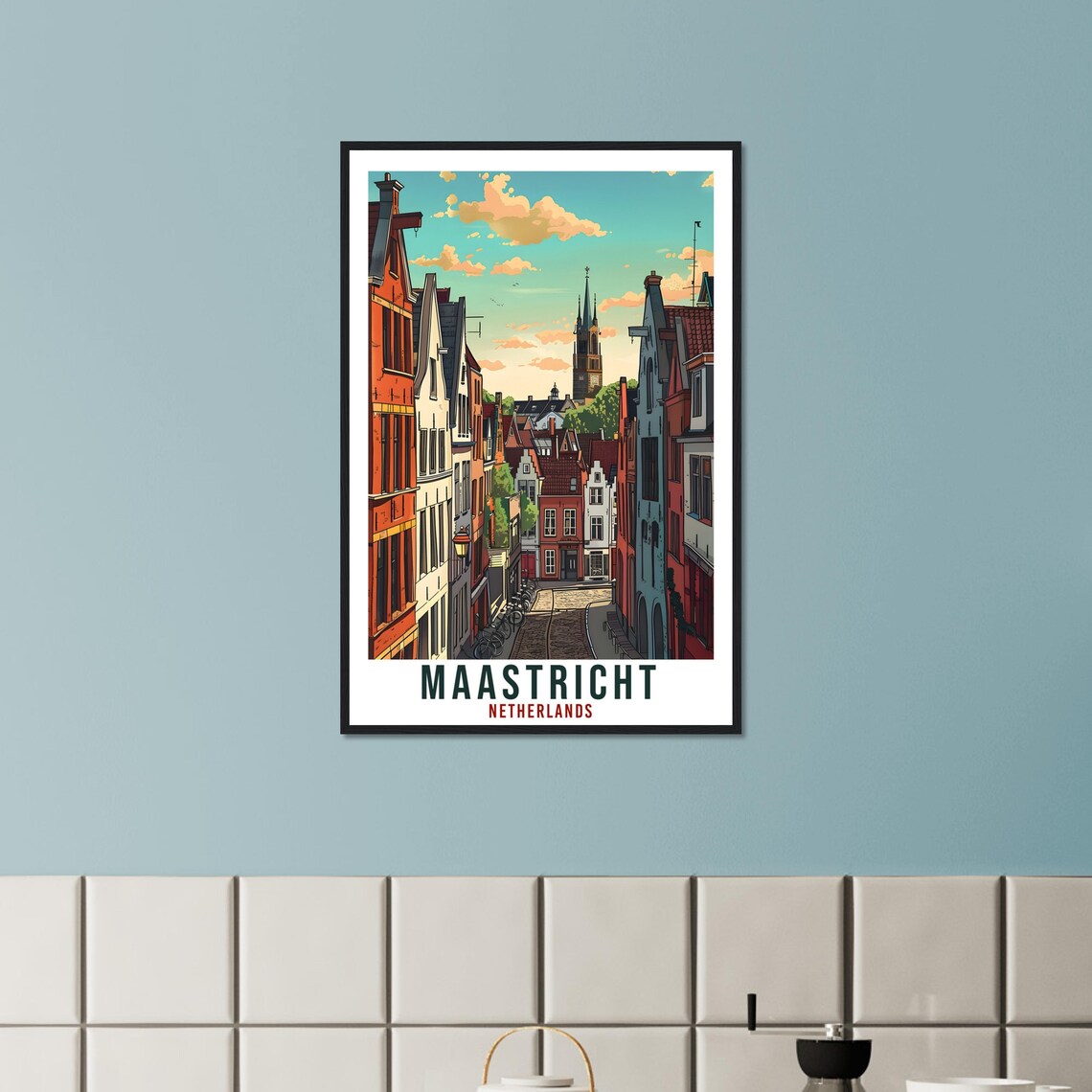 Maastricht Netherlands Vintage Travel Street Church Cobblestone Poster - Image 2