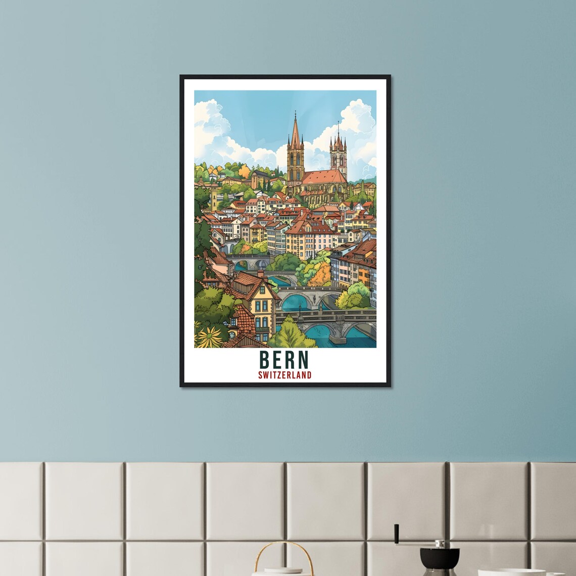 Bern Switzerland Old Town Bridges Cathedral River Travel Poster - Image 2