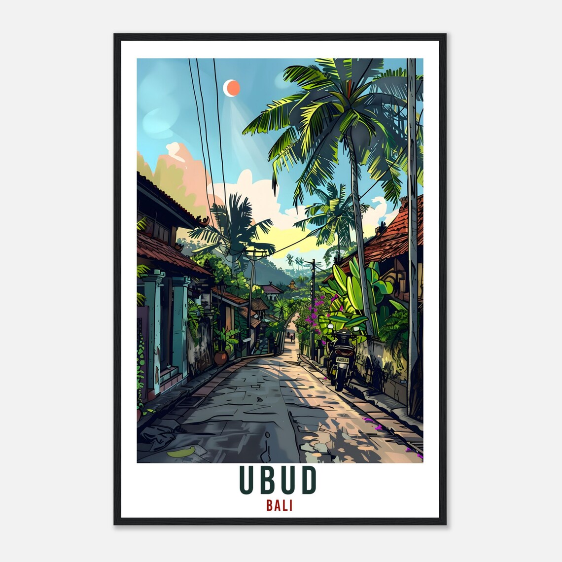 Ubud Bali Tropical Palm Street With Scooter Retro Travel Poster - Image 4