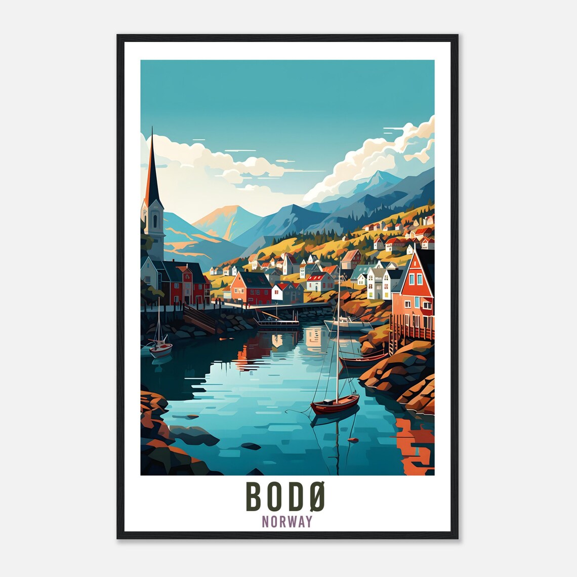Bodo Norway Harbor Travel Poster Sailboats Fjord Mountain Town - Image 4