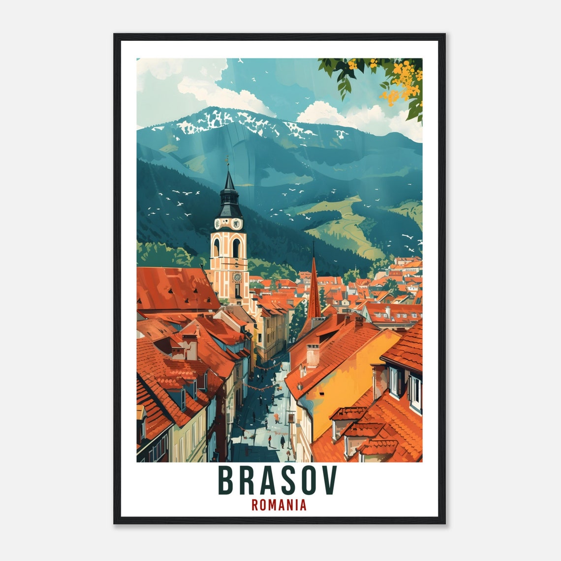 Brasov Romania Old Town Red Rooftops Snowy Mountain Travel Poster - Image 4