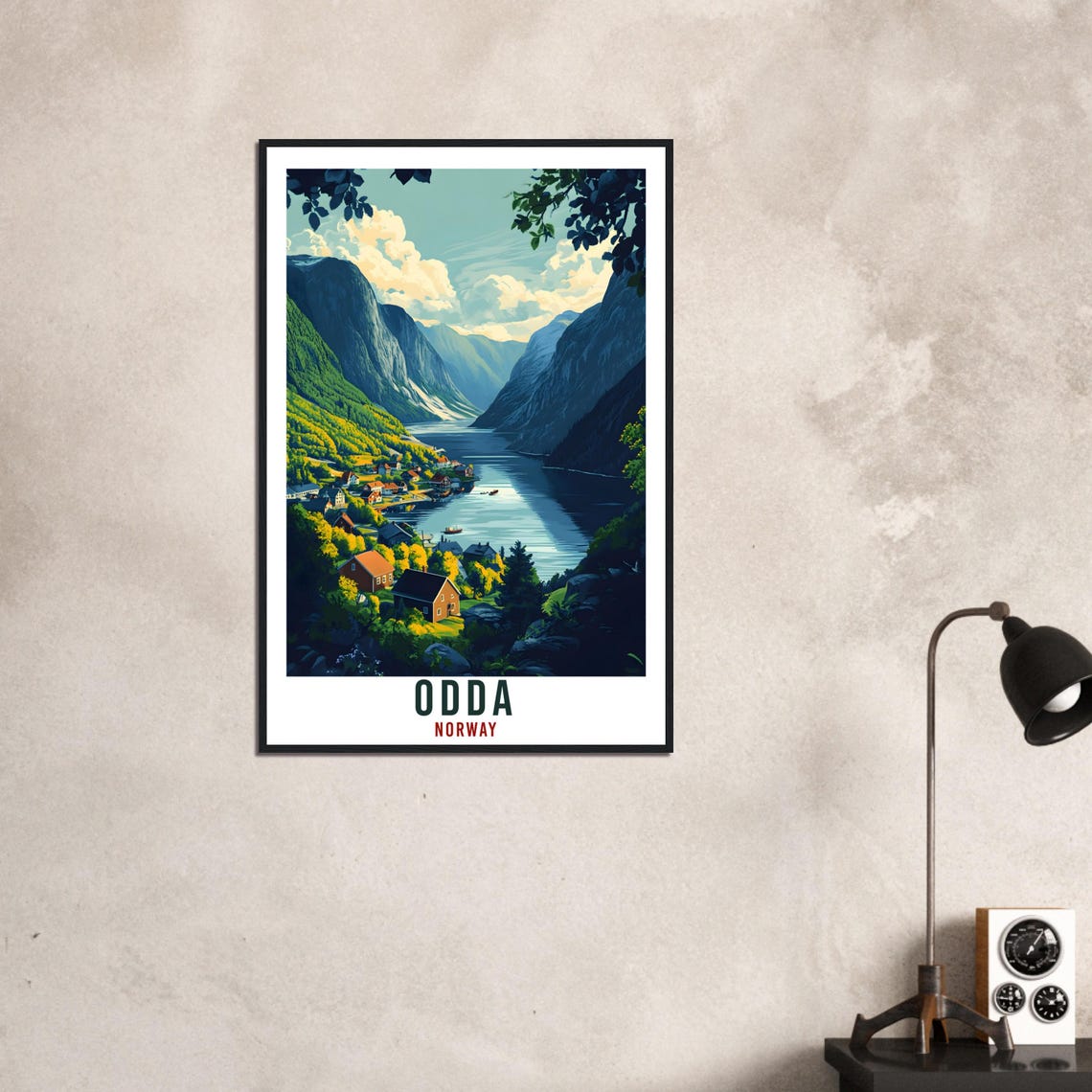 Odda Norway Fjord Village Golden Light Illustrated Travel Poster - Image 3