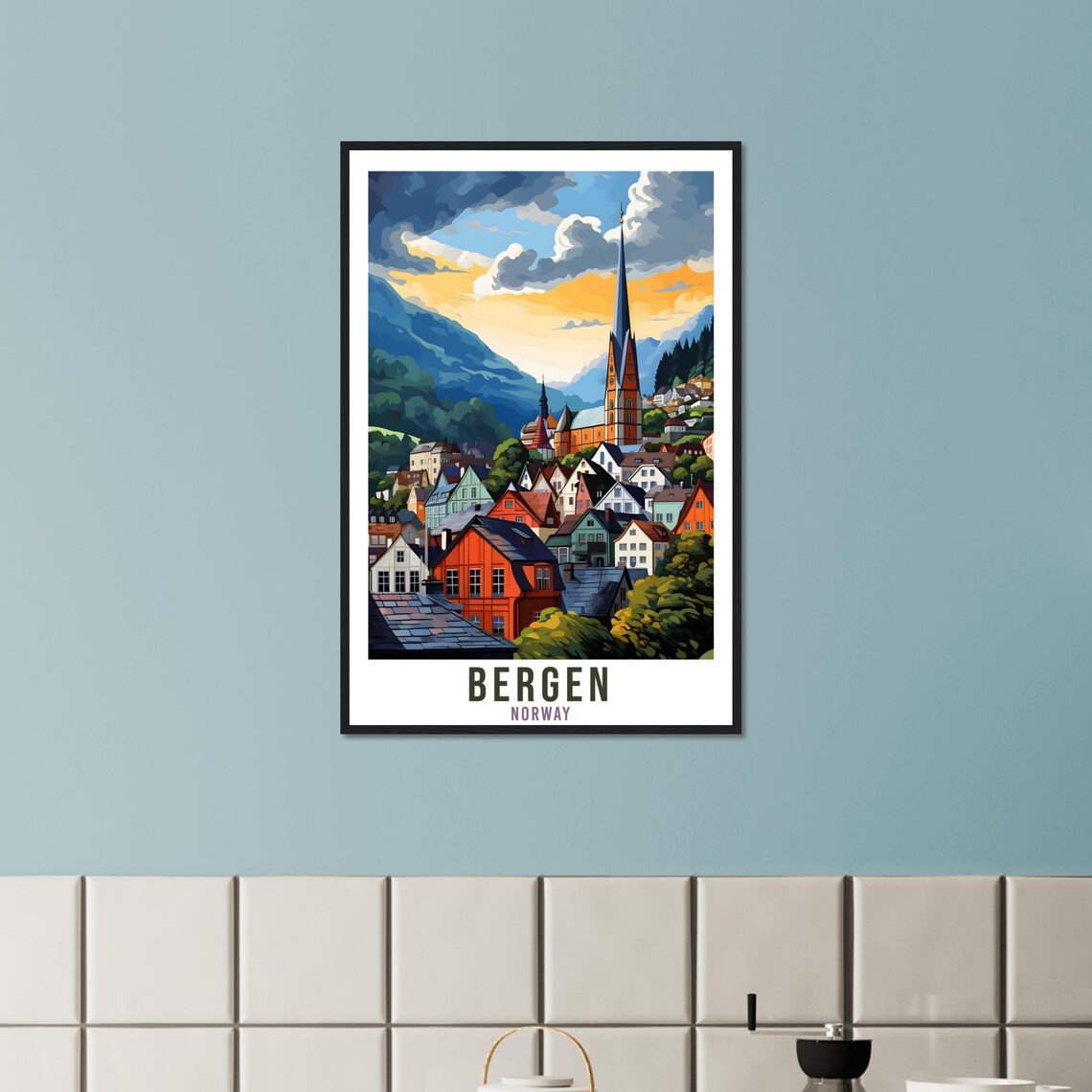 Bergen Norway Town Travel Poster Fjord Church Spire Mountain View - Image 3