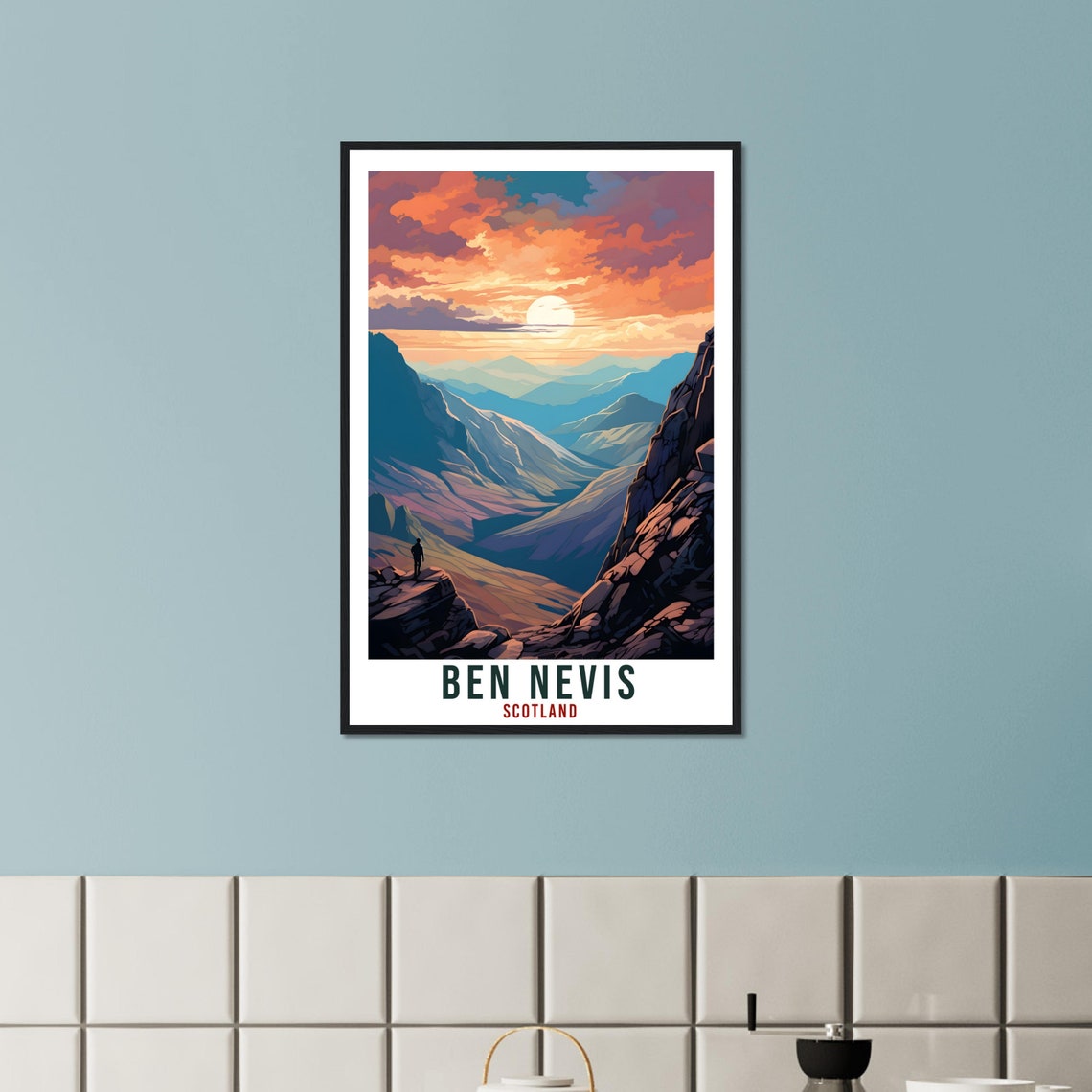 Ben Nevis Scotland Mountain Valley Sunset Hiker Silhouette Poster - Image 2
