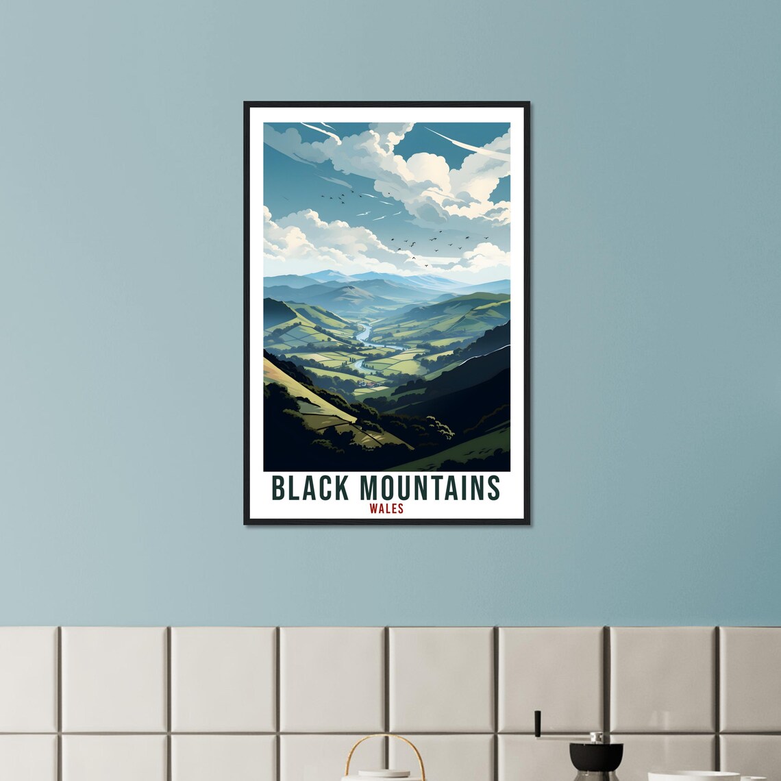 Black Mountains Green Valleys Cloudy Sky Wales Vintage Scenic Poster - Image 3