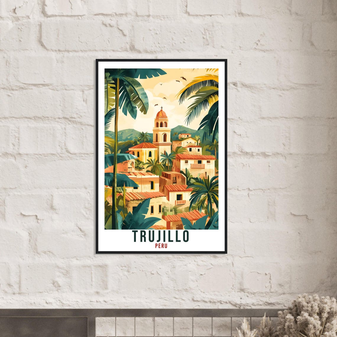 Trujillo Peru Colonial Town Palm Church Scene Illustration Poster - Image 2