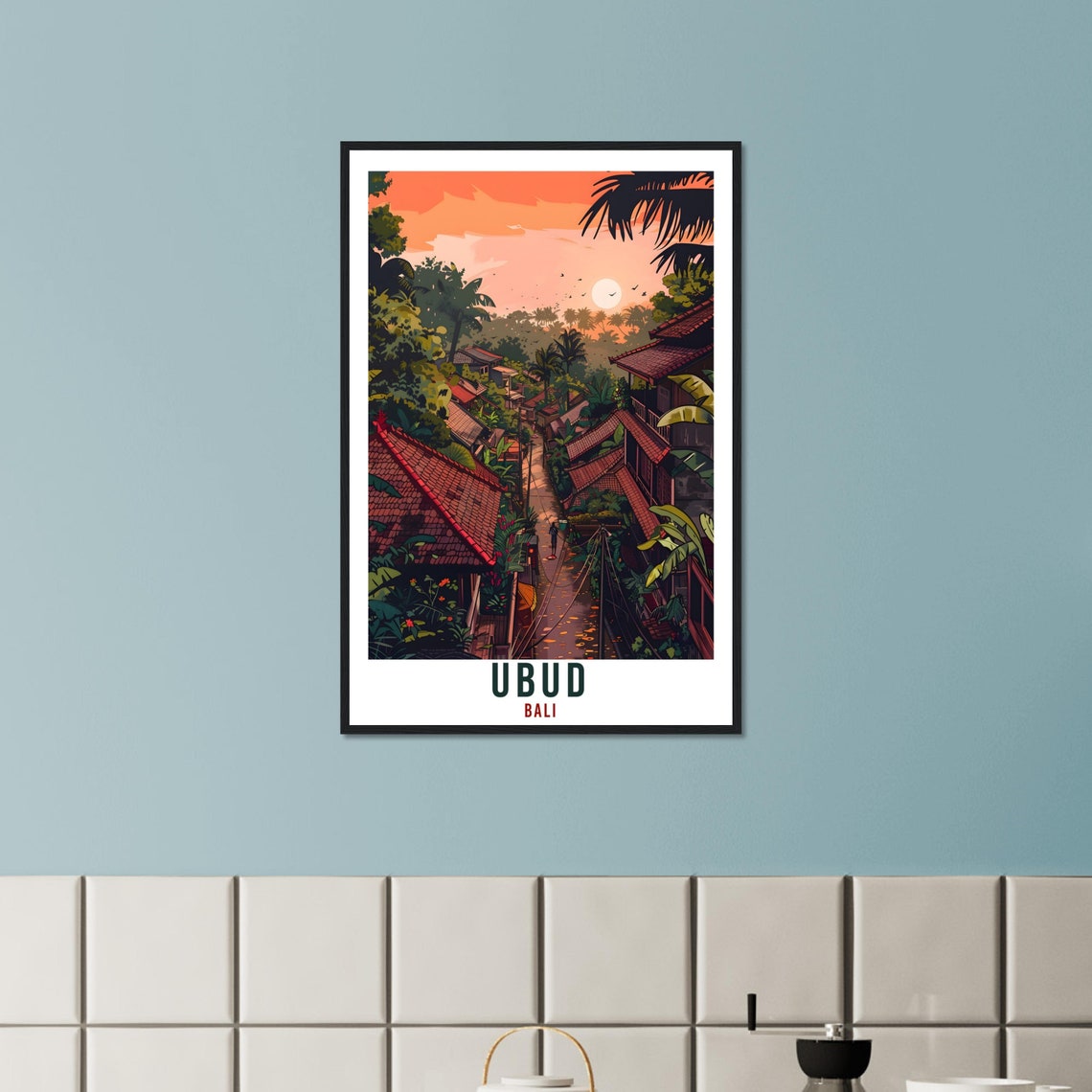 Ubud Bali Jungle Street Sunset Red Tiled Rooftops Travel Poster - Image 2