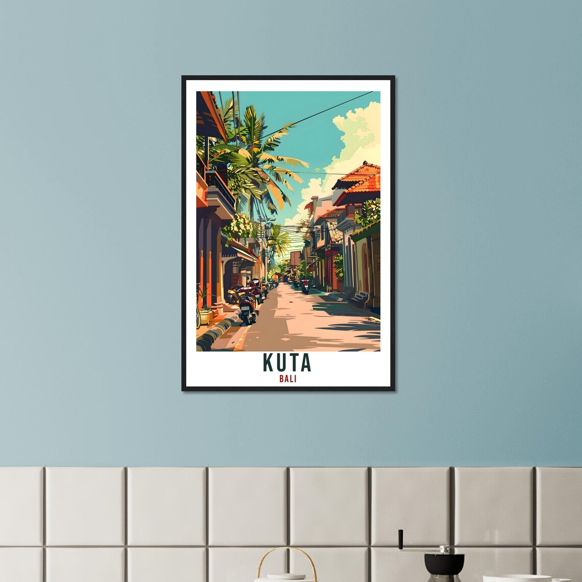 Kuta Bali Vintage Travel Poster of a Palm Lined Scooter Street Scene - Image 3
