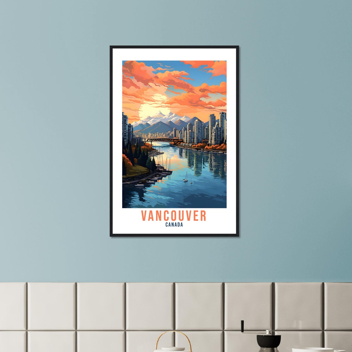 Vancouver Canada Harbor Sailboat Mountains Bridge Sunset Poster - Image 3