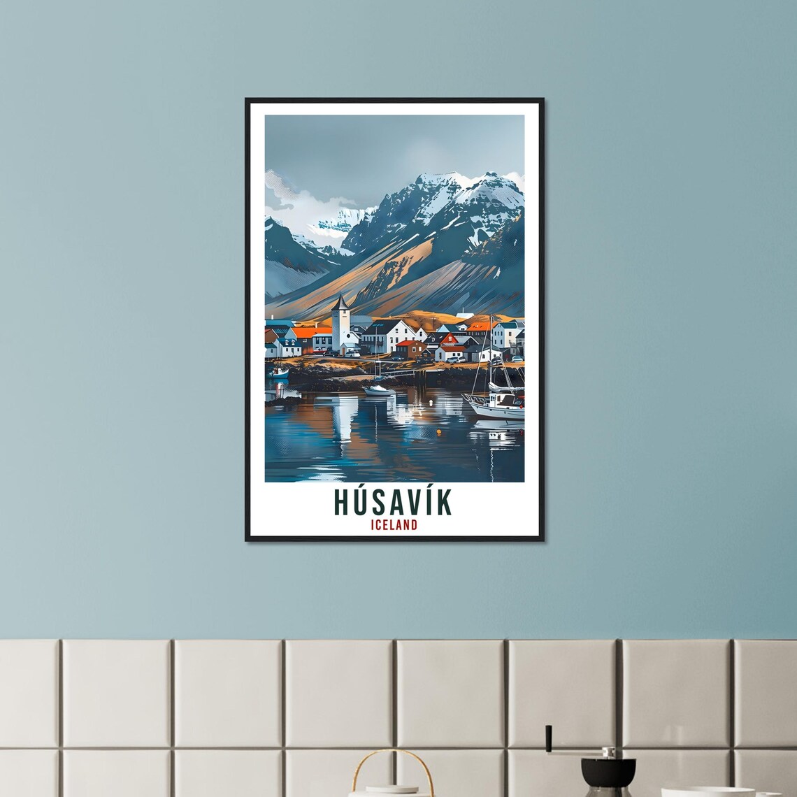Husavik Iceland Harbor Village Vintage Travel Mountains Boats Poster - Image 2