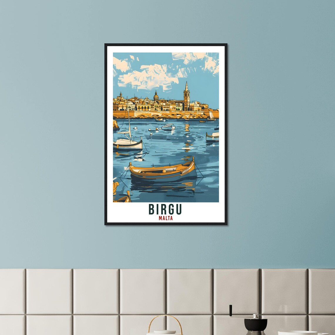 Birgu Malta Harbor Boats Old Town Waterfront Vintage Travel Poster - Image 2