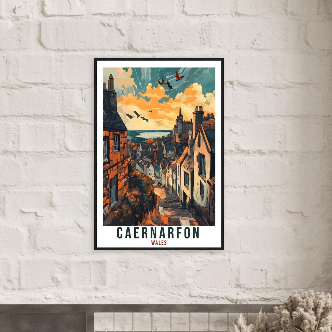 Caernarfon Wales Travel Poster Cobblestone Street Sunset Town Artwork - Image 2