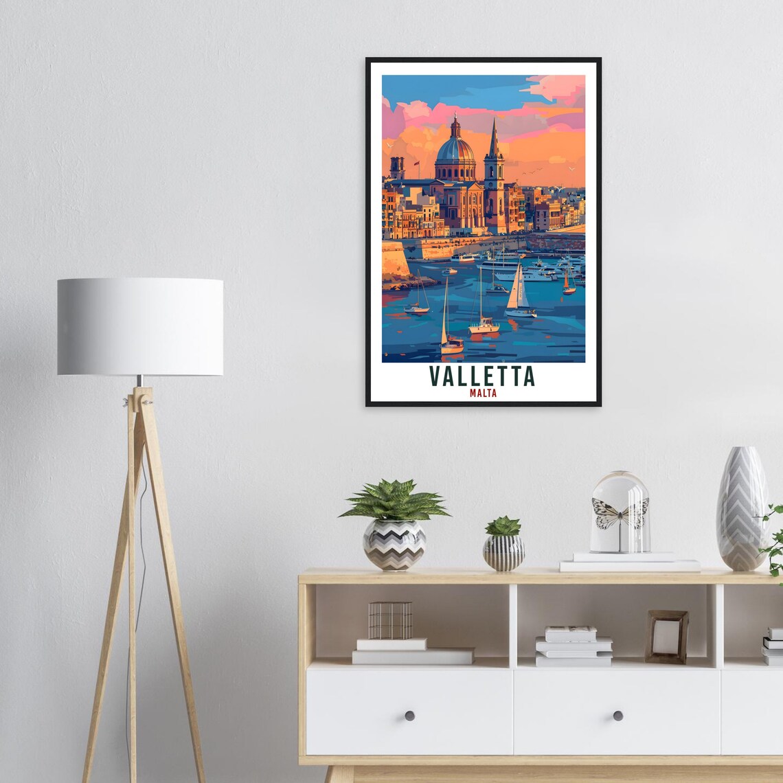 Valletta Malta Grand Harbor Sailboat Sunset Retro Travel Poster - Image 2