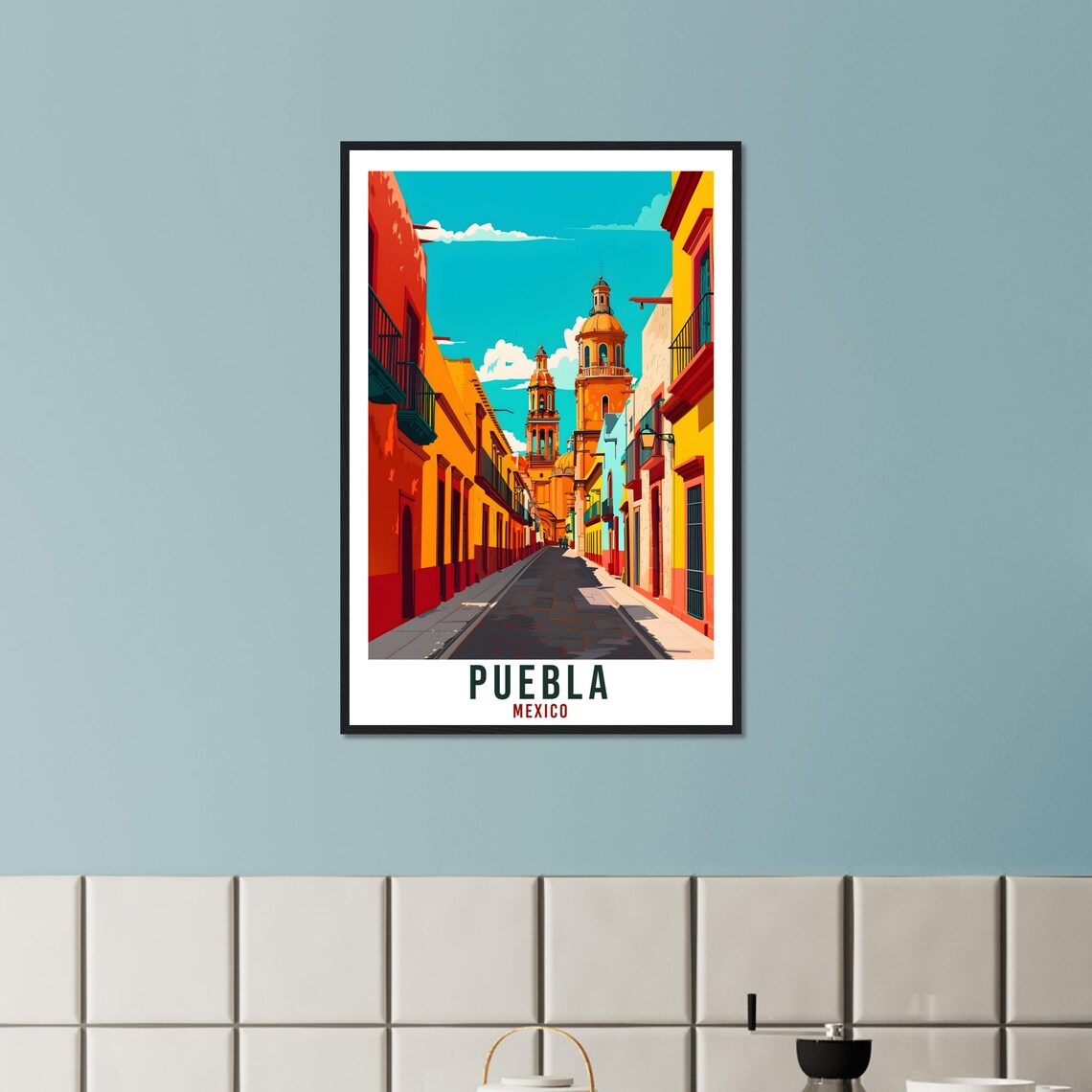 Puebla Mexico Colorful Colonial Street Church Towers Travel Poster - Image 3