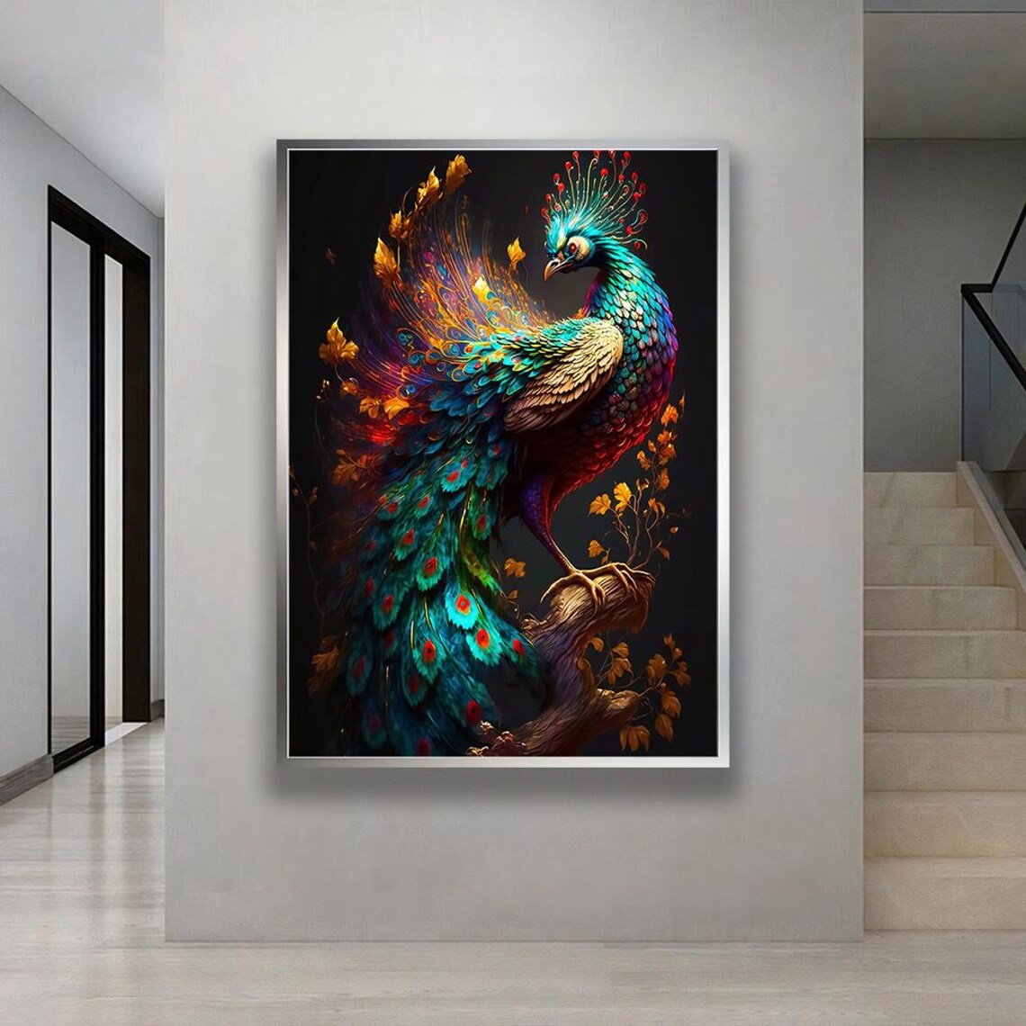 Vibrant Peacock Jewel Tone Feathers Dark Background Art Poster