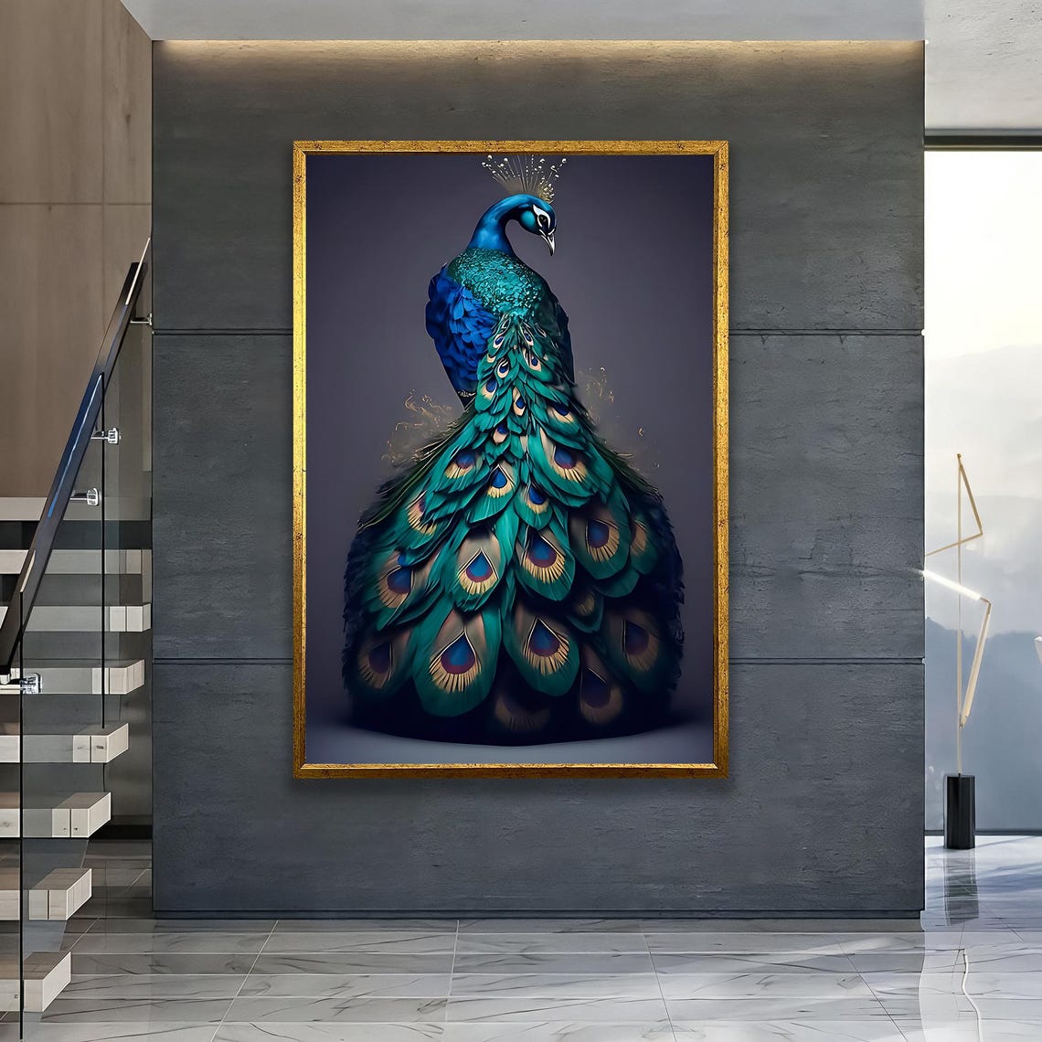 Majestic Peacock With Iridescent Tail Feathers Elegant Bird Wall Art