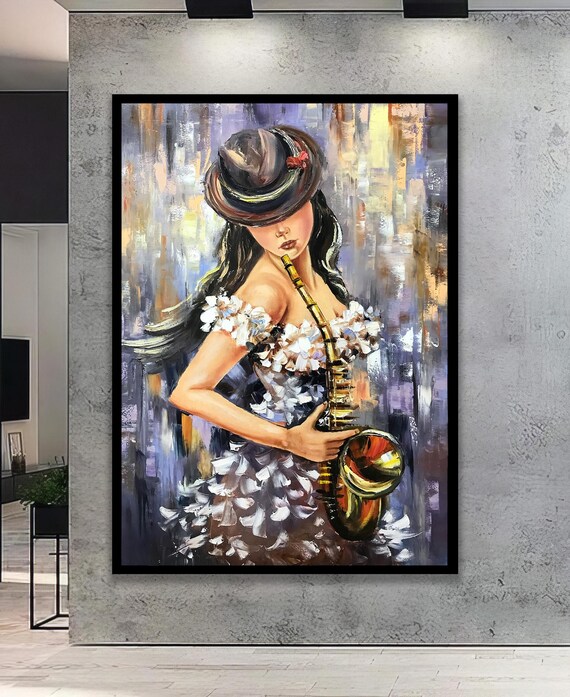Elegant Woman With Hat Playing Saxophone Floral Dress Oil Painting Print