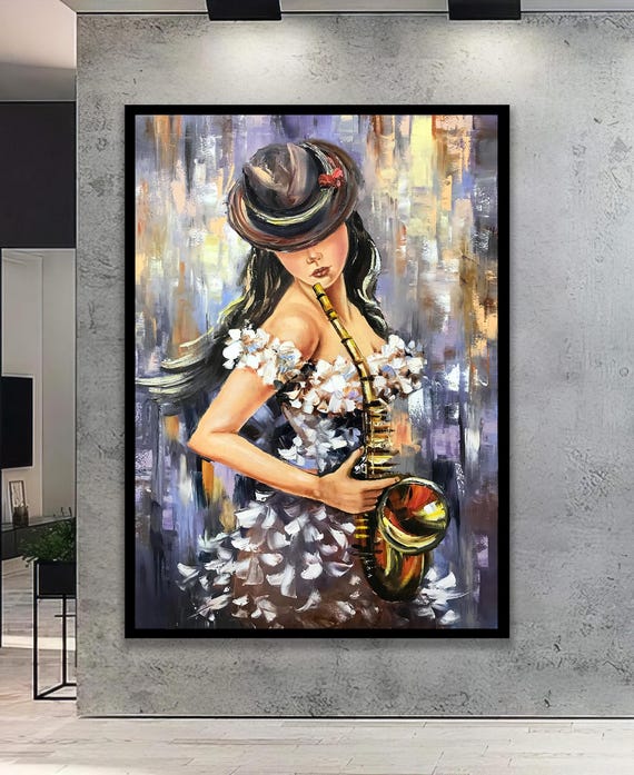 Woman With Hat Playing Saxophone And In Floral Dress Elegant Feminine Music Inspired Wall Art Print