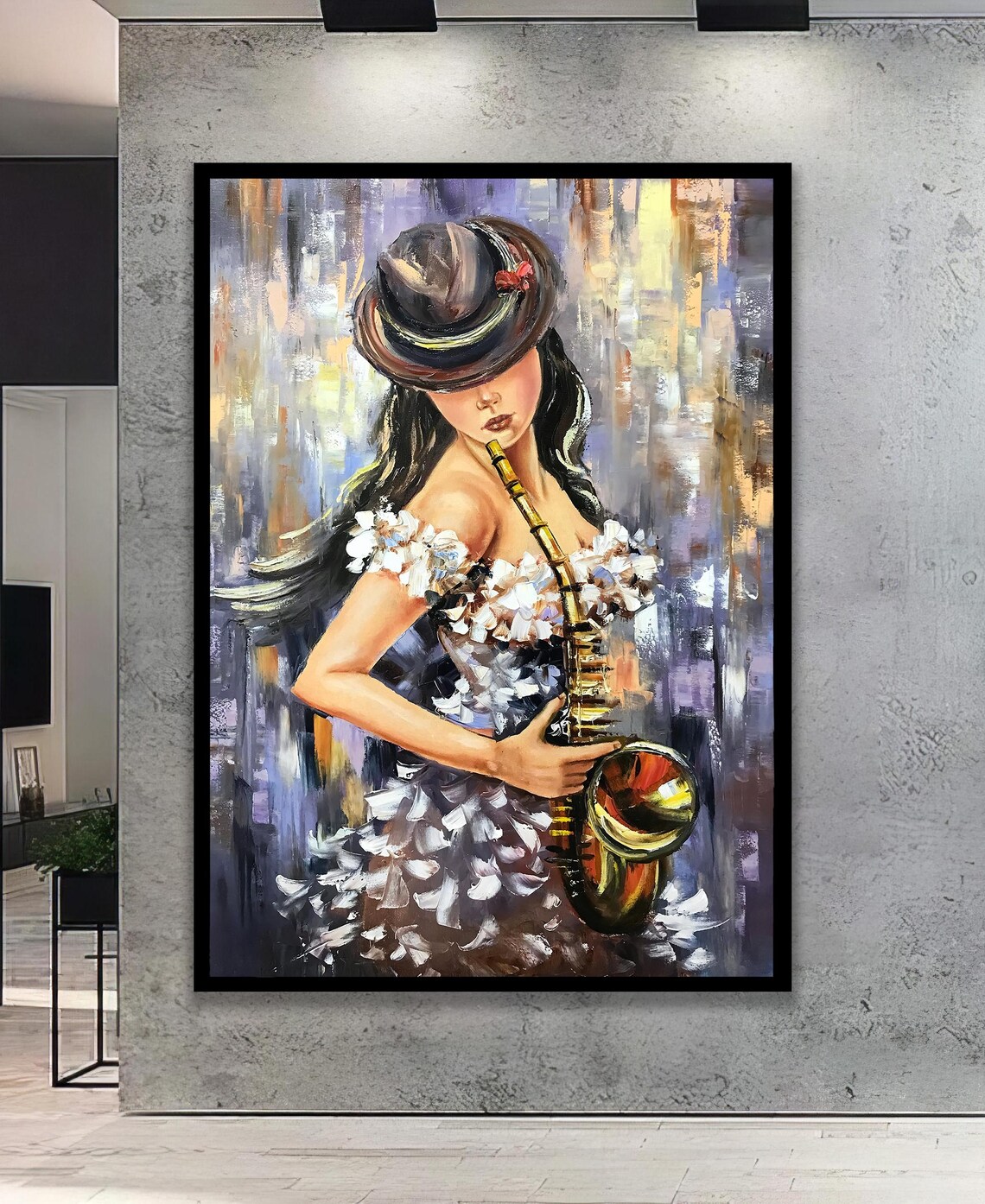 Elegant Woman With Hat Playing Saxophone Floral Dress Oil Painting Print