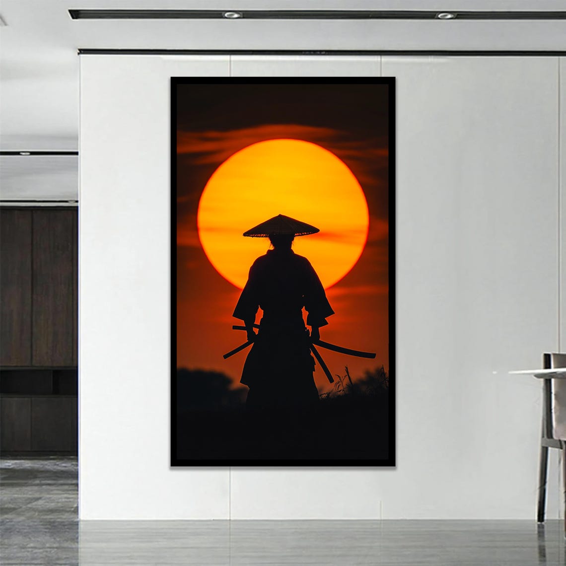 Samurai Warrior Silhouette Against Giant Sunset Japanese Art Poster