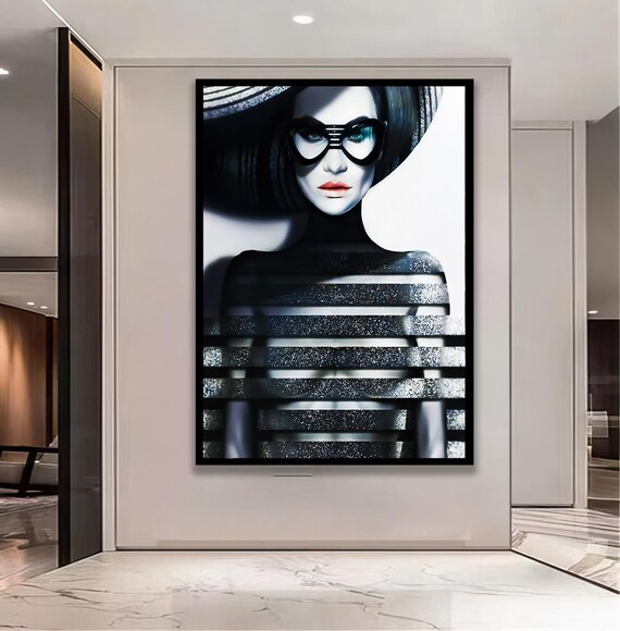 Black And White Fashion Woman With Sunglasses Stripes Poster
