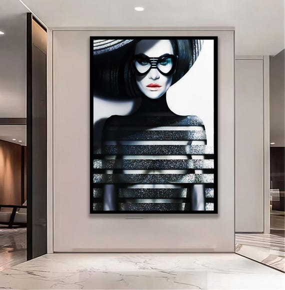 Nude Woman With Red Lips Wearing Hat And Glasses Against Horizontal Black Stripes Modern Feminine Wall Art Print