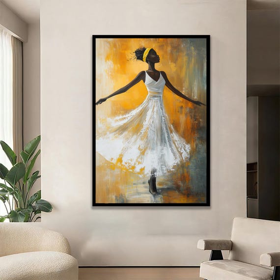 African Woman Canvas Art Elegant Dance Yellow Gray