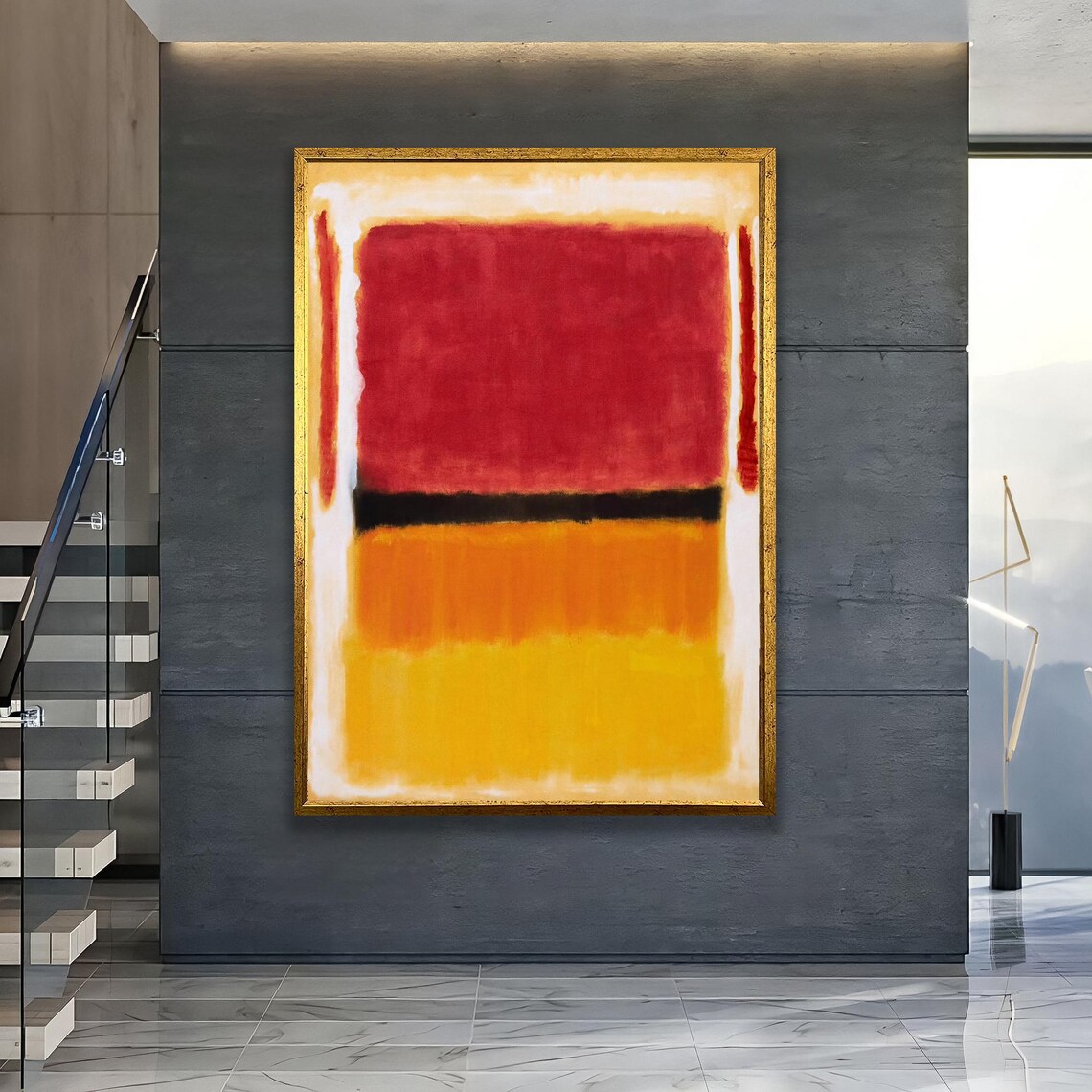 Orange And Yellow Abstract Canvas With Black Stripe Modern Wall Art