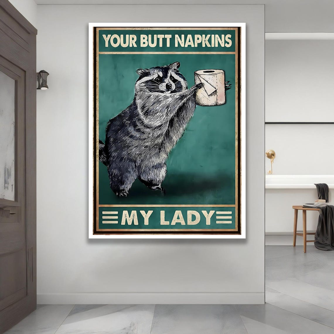 Raccoon Toilet Paper Canvas Print Funny Bathroom Wall Art
