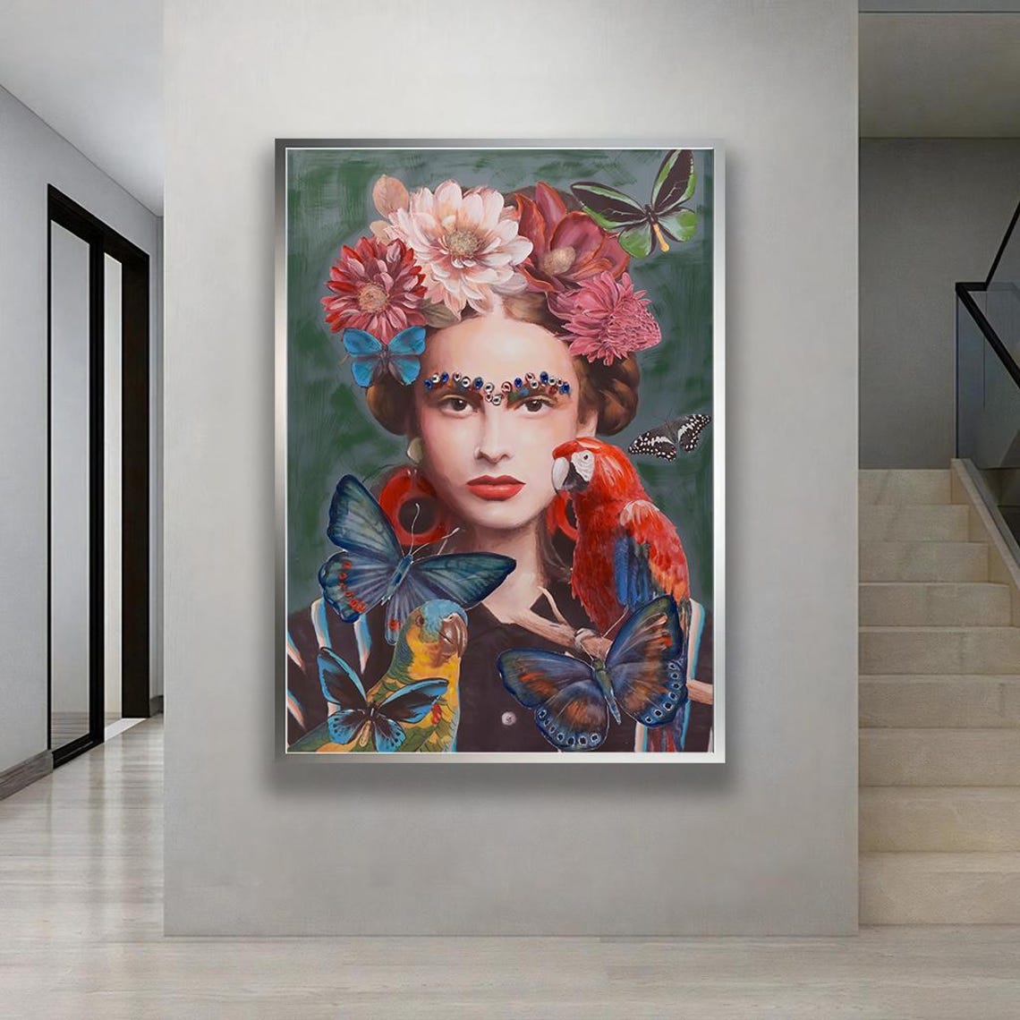 Frida Kahlo Style Woman Parrot Butterfly Floral Portrait Poster