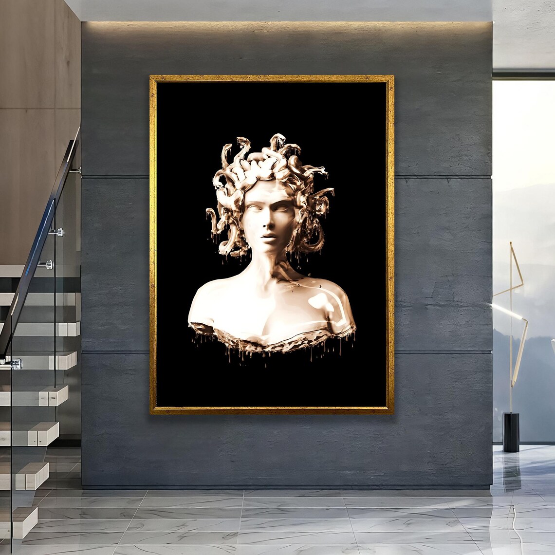 Medusa Mythology Portrait Gold Snake Hair Black Background Art Poster