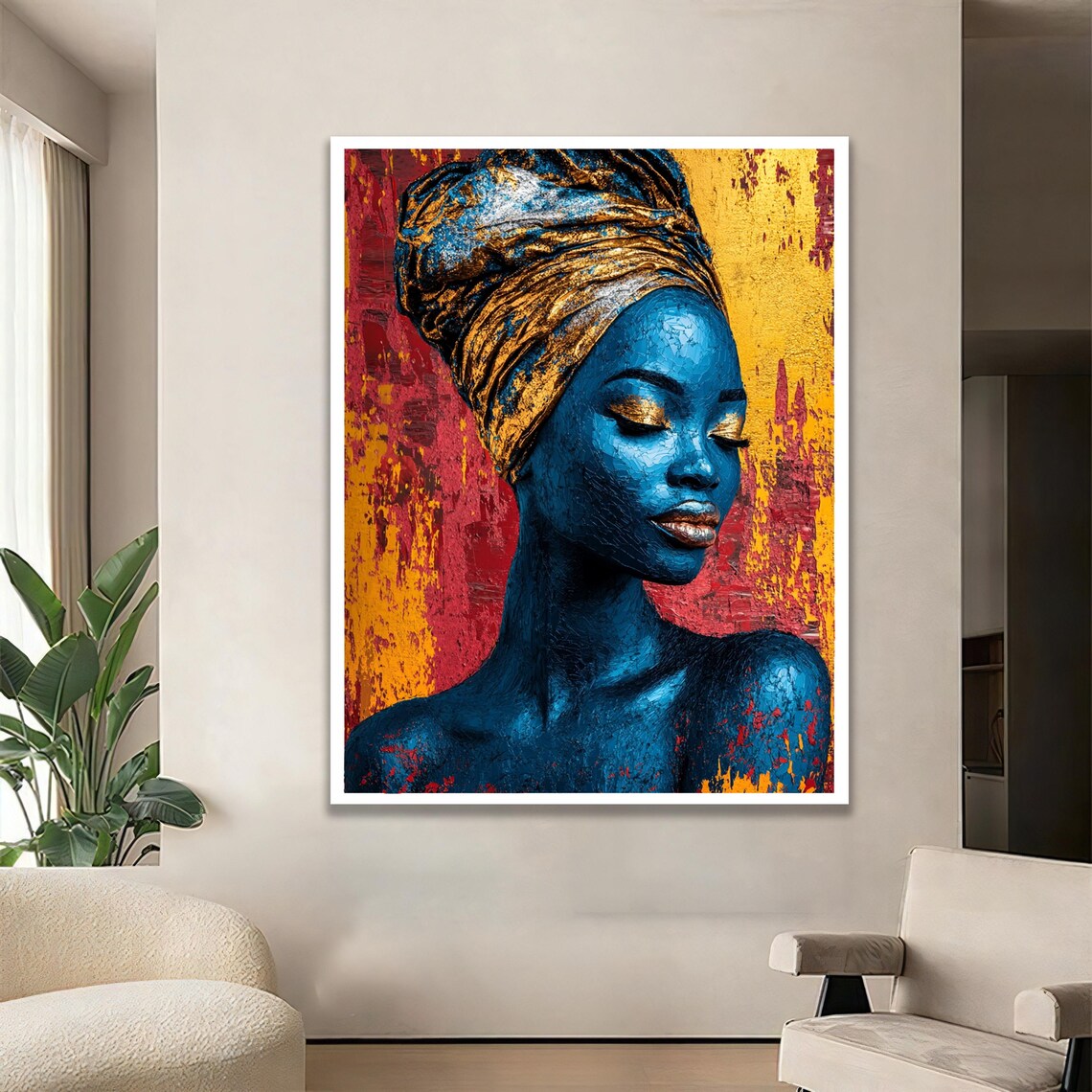 Blue and Gold Headwrap Woman Bold Textured Portrait Art Poster