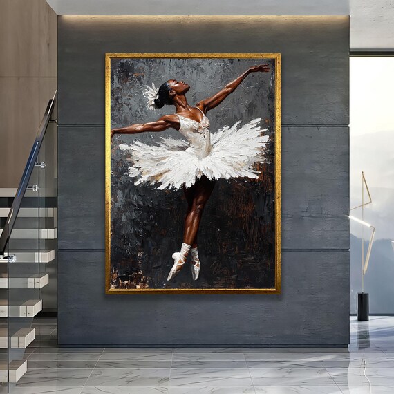 African Ballerina White Tutu Dramatic Oil Painting Elegant Dance Poster