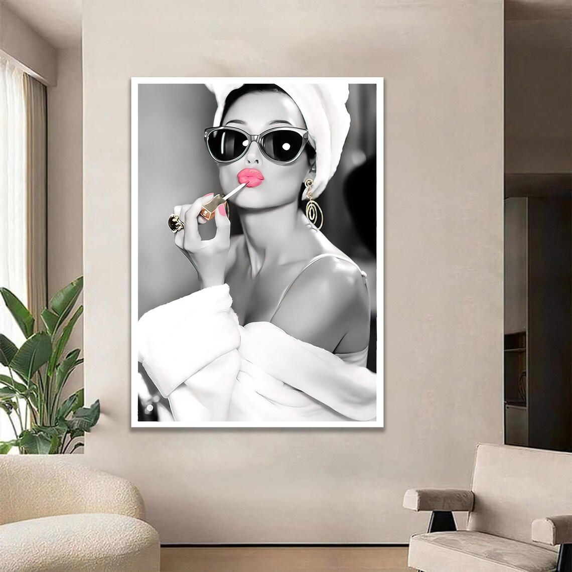 Glamorous Woman Applying Pink Lipstick Sunglasses Fashion Print