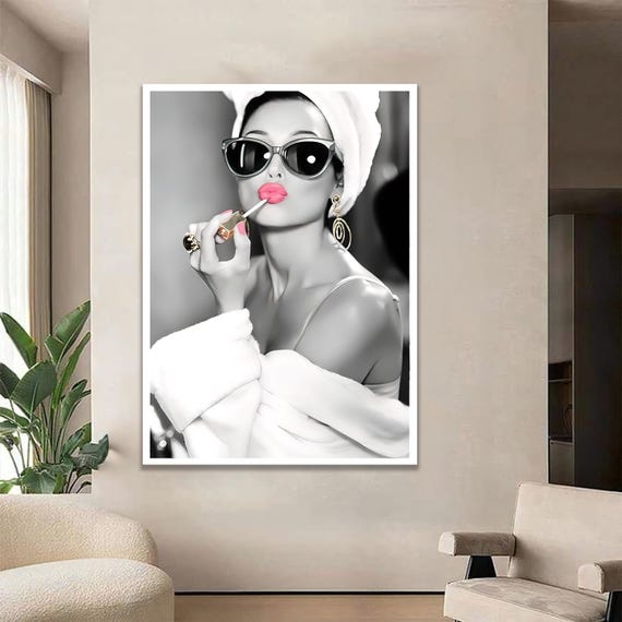 Woman Applying Lipstick Wall Art Sunglasses Fashion Canvas Print Stylish Female Decor