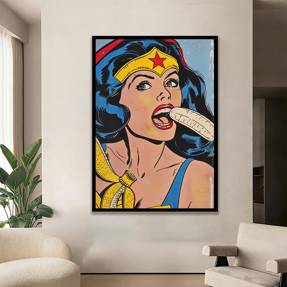 Playful Wonder Woman Eating Banana Retro Pop Art Comic Poster