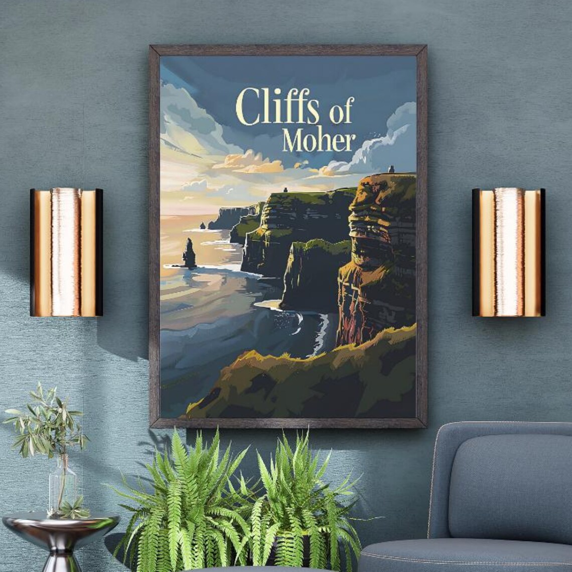 Cliffs of Moher Golden Sunset Sea Cliffs Vintage Travel Poster