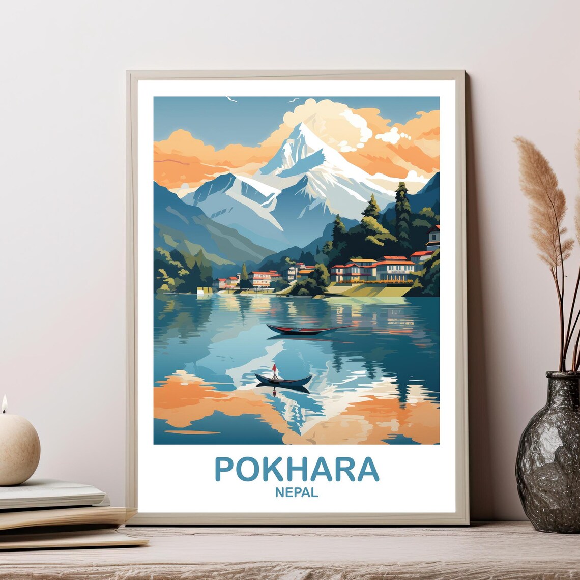 Pokhara Nepal Himalayan Lake Snow Peak Vintage Retro Travel Poster
