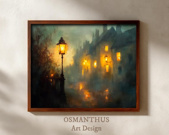 Foggy Village Square Oil Painting Moody Night Scene Rustic Lamplights Atmospheric Vintage Art Wall Decor Evening Glow 9