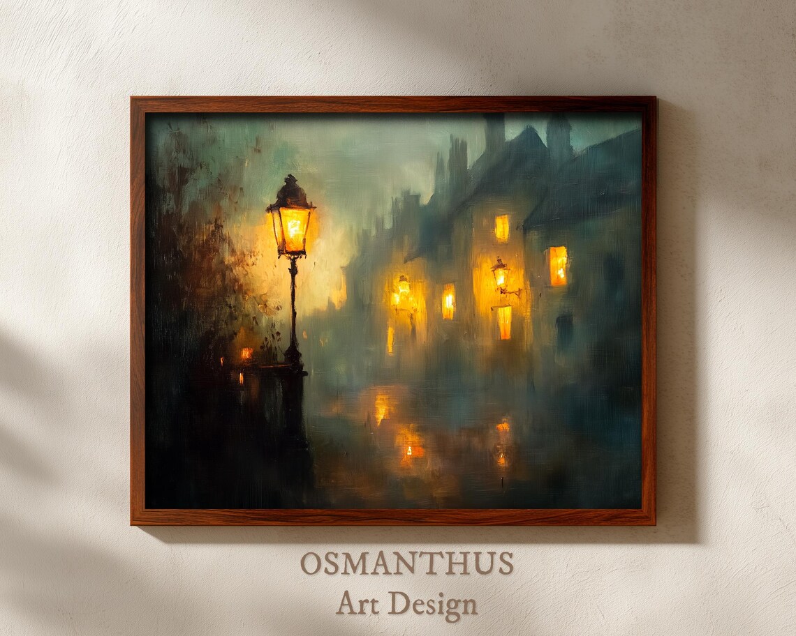 Foggy Village Night Lamppost Moody Street Oil Painting Poster