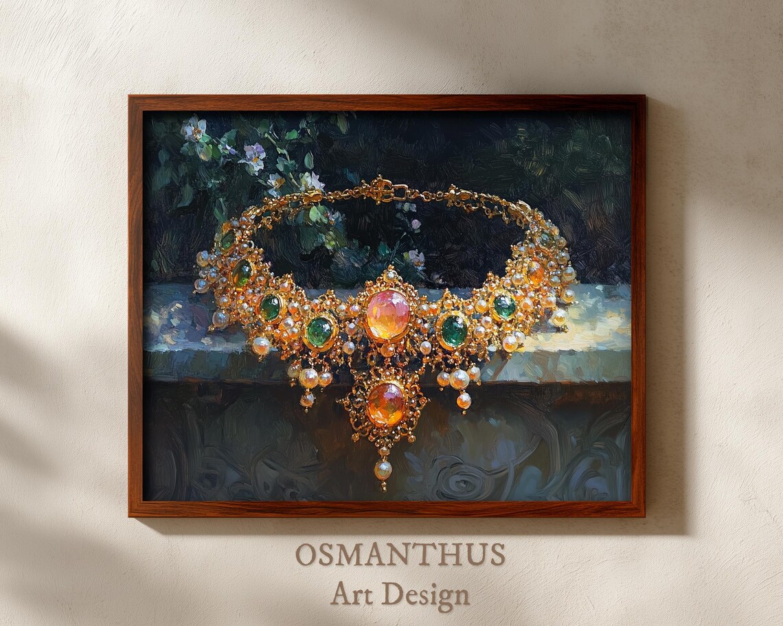 Gold Choker Necklace Pearls Amber Green Gems Oil Painting Jewelry Poster