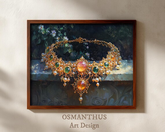 Gold Choker Necklace Pearls Amber Green Gems Oil Painting Jewelry Poster