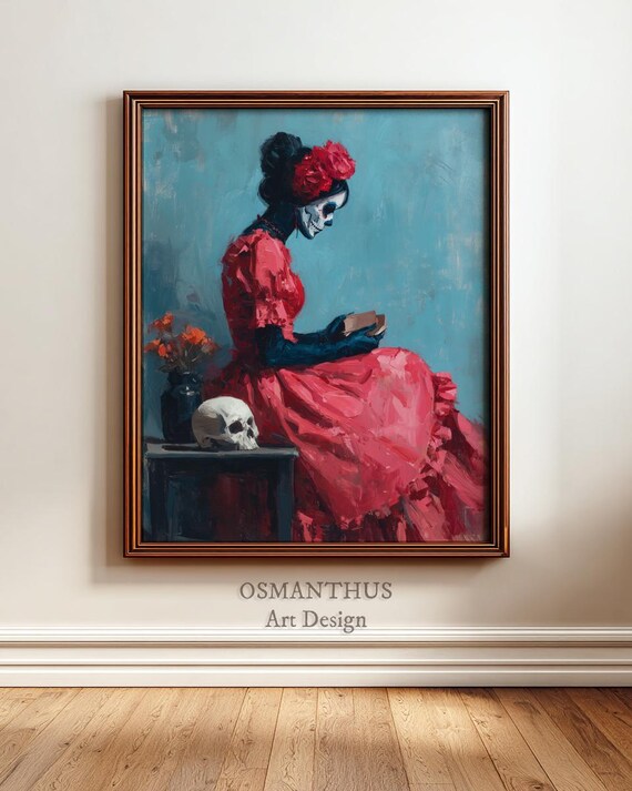Skeleton Woman Red Dress Playing Cards Gothic Still Life Art Poster