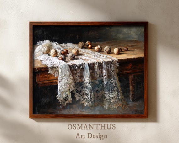 Simple Wooden Table With Lace And Nuts Vintage Oil Painting Farmhouse Kitchen Art Moody Decor Earthy Still Life 27