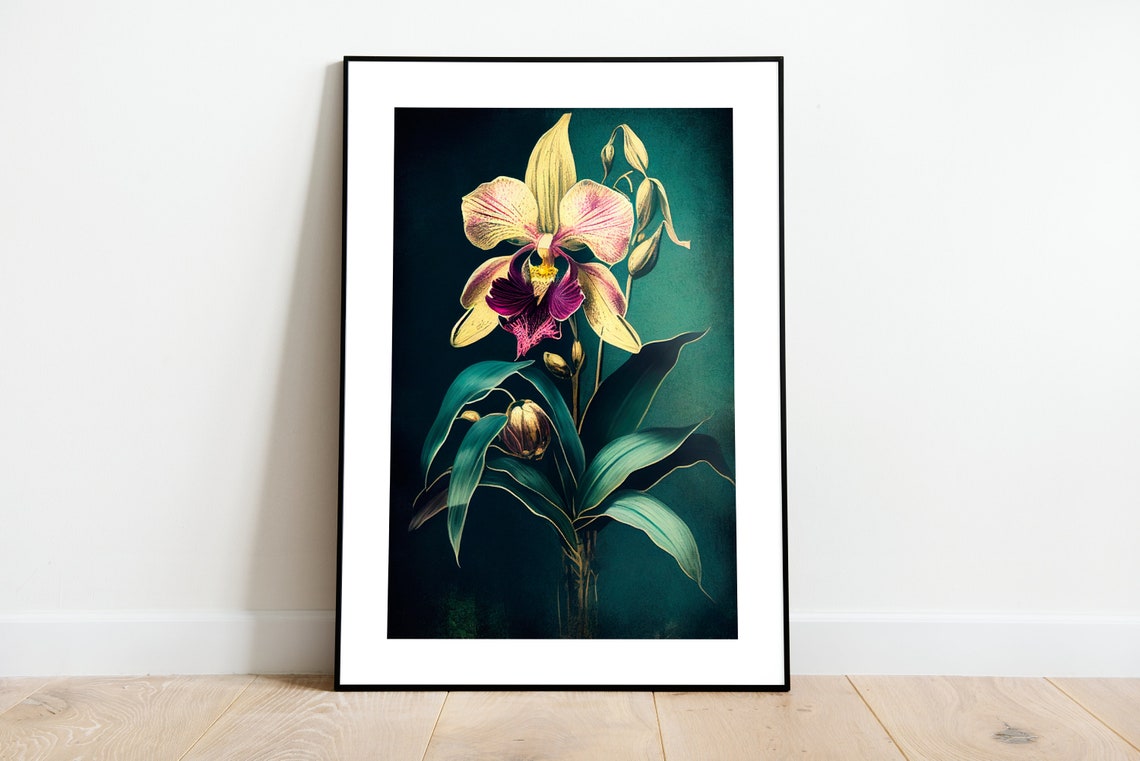 Elegant Orchid Blooms on Deep Teal Moody Botanical Art Poster