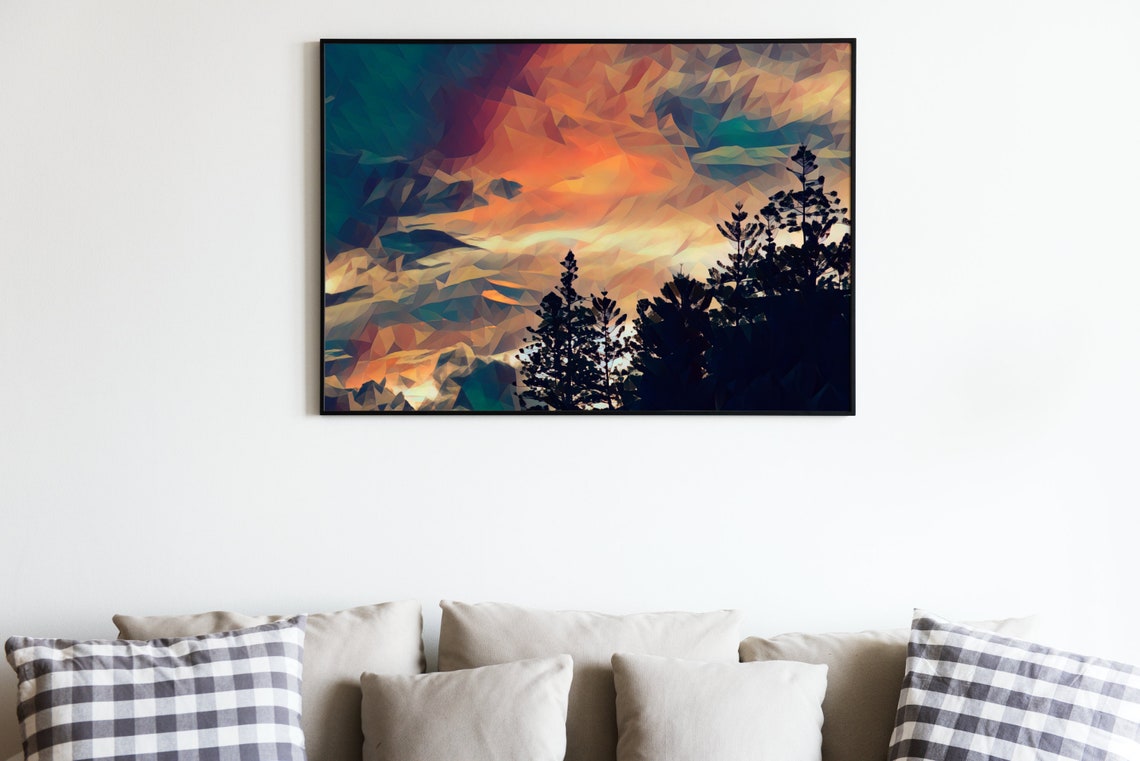Low Poly Sunset Sky Over Silhouetted Pine Trees Island Art Poster - Image 3
