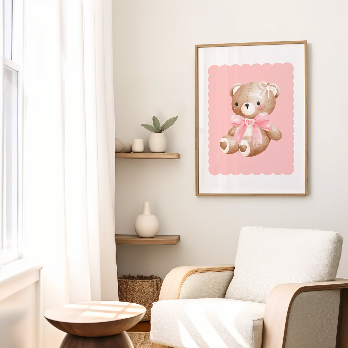 Cute Teddy Bear Pink Bow Scalloped Frame Coquette Nursery Wall Art - Image 3